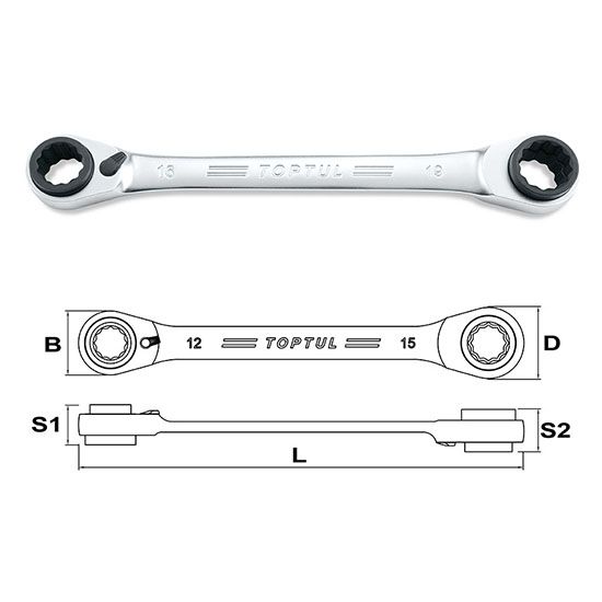 Ключ накидной с двойной трещоткой 72 зубца Pro-Series 12x15-14x13мм TOPTUL ABAD1215 ABAD1215 фото